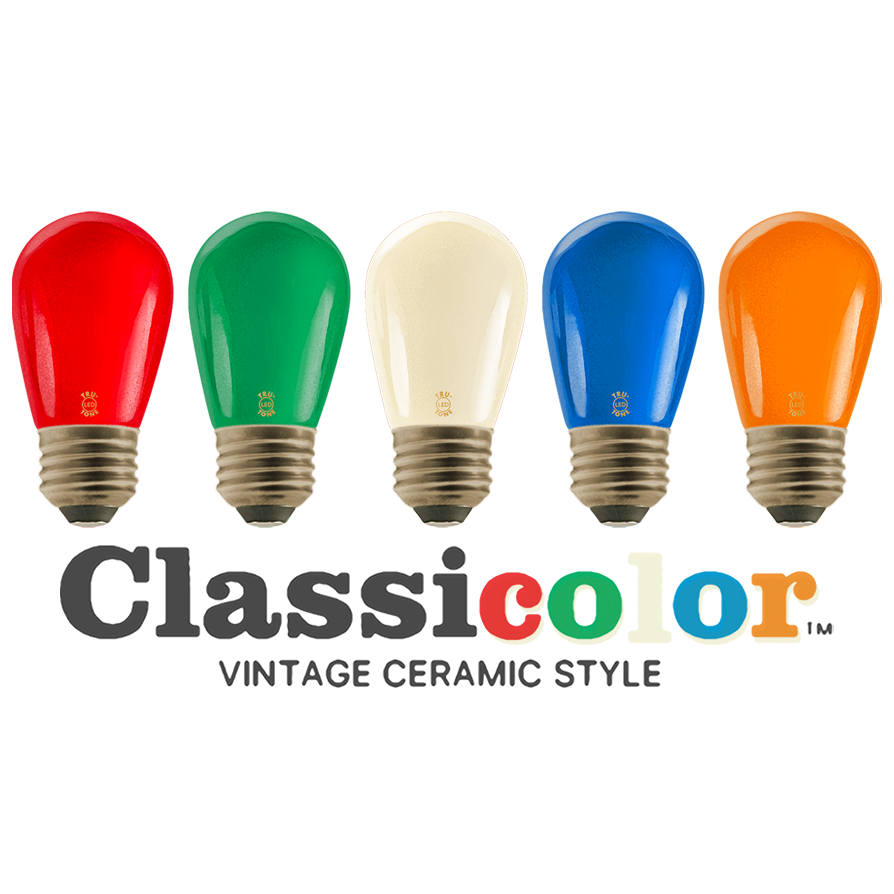 Vintage-style S14 LED light bulbs in classic colors for signs, lamps or patio lights