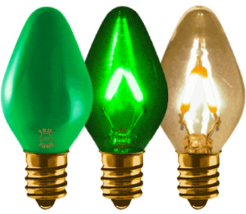 Vintage-style C7 LED Christmas light bulbs in classic greens and clear for St Patrick's Day