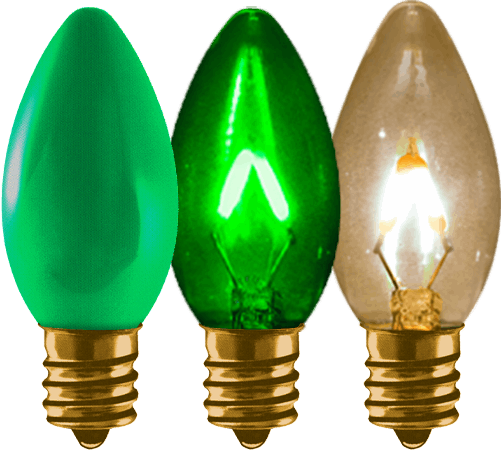 Vintage-style C9 LED Christmas light bulbs in classic greens and clear for St Patrick's Day