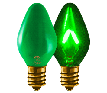 Vintage-style C7 LED Christmas light bulbs in classic greens for St Patrick's Day