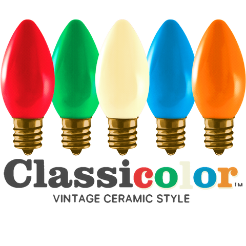 Vintage-style C9 LED Christmas light bulbs in classic colors