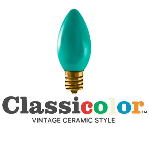 Vintage-style C9 LED Christmas light bulbs in classic teal