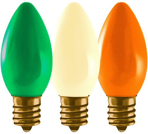 Vintage-style C9 LED Christmas light bulbs in the Irish flag colors for St Patrick's Day