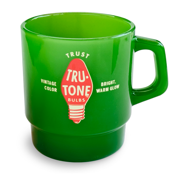 Tru-Tone vintage style green coffee mug with Tru-Tone bulb logo