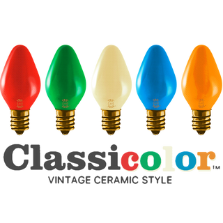 Vintage-style C7 LED Christmas light bulbs in classic colors