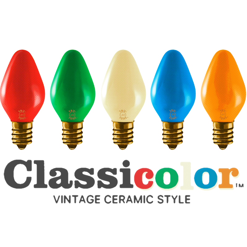 Vintage-style C7 LED Christmas light bulbs in classic colors