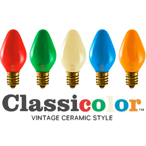 Vintage-style C7 LED Christmas light bulbs in classic colors