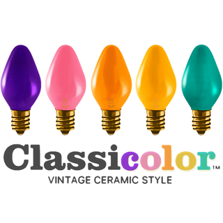 Vintage-style C7 LED Christmas light bulbs in retro colors