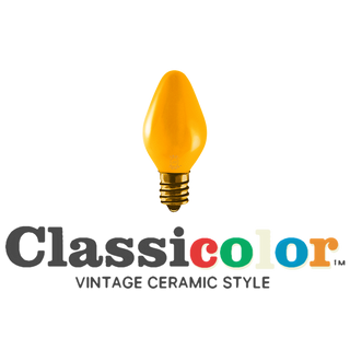 Vintage-style C7 LED Christmas light bulbs in classic yellow