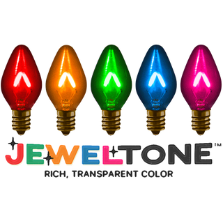 Vintage-style C7 LED Christmas light bulbs in transparent retro colors